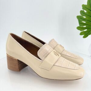 Tory Burch Everly 55mm Women 11 Loafers Cream Embossed Croc Leather Block Heel